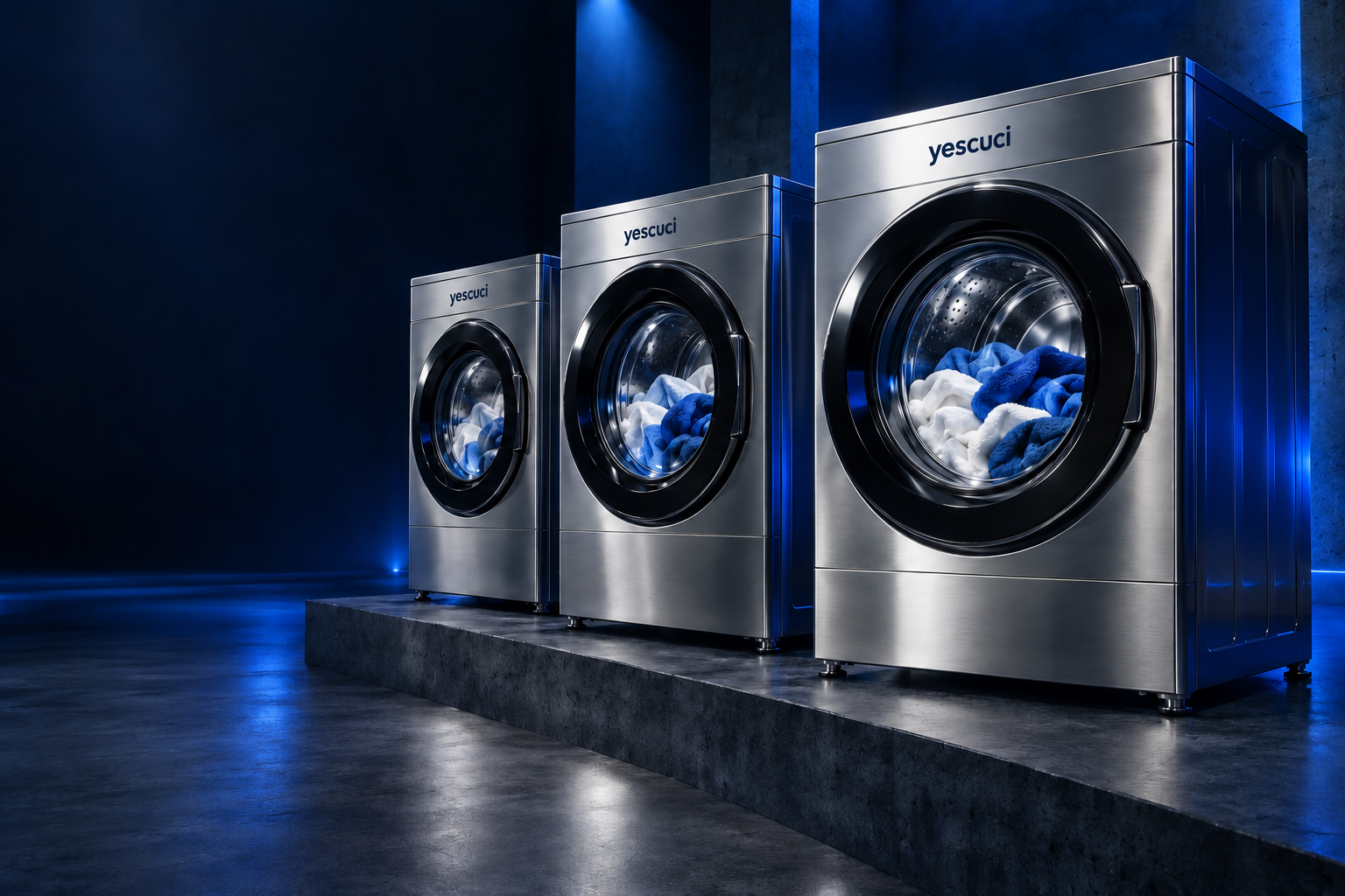 Detail of commercial front-loading washing machines